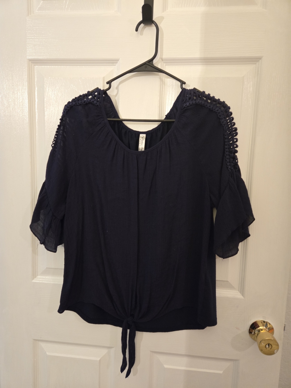 PerSeption Concept Navy Crochet-Shoulder Tie-Front Blouse